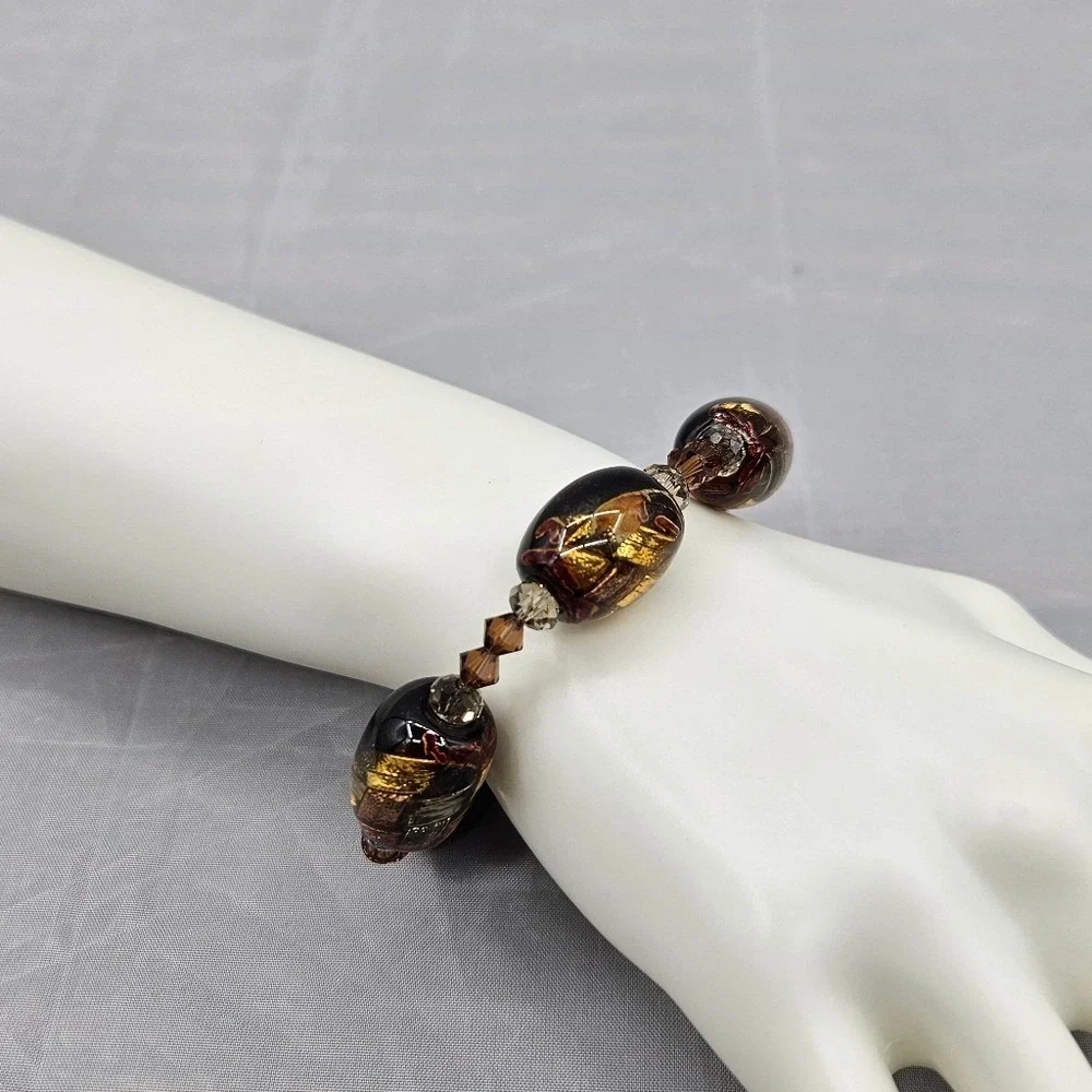 Murano Style Art Glass Bracelet Black Brown Gold Sparkle‎ Accents Beads